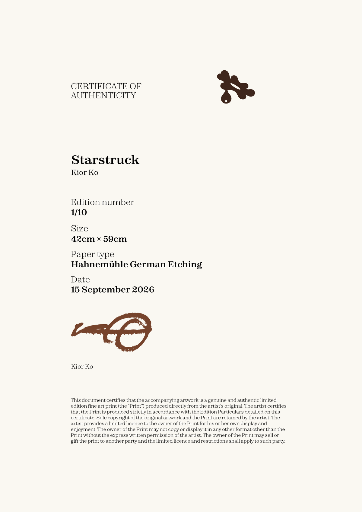 Starstruck — Certificate of Authenticity